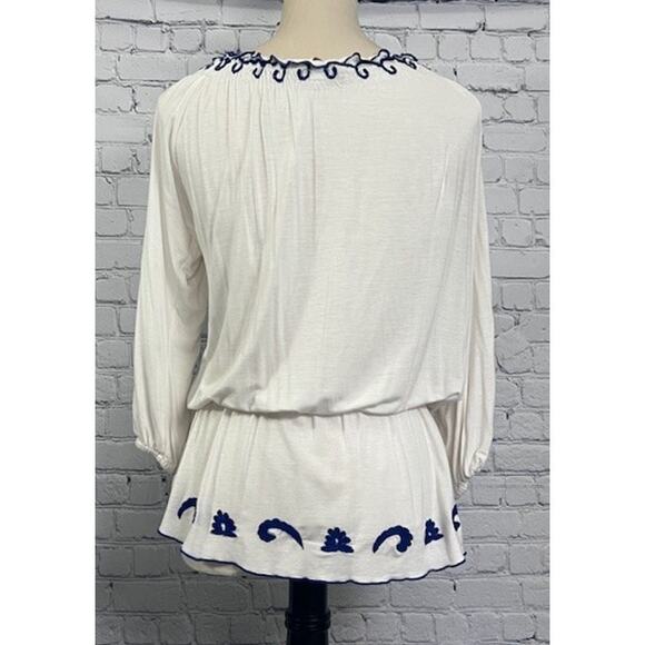 Boston Proper Off The Shoulder White Blue Embroidered Blouse Short Sleeve Small - Picture 6 of 9